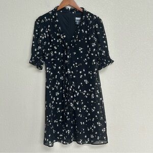DKNY Black Dress with White and Yellow Floral Print Tie Neck Women’s Size 4